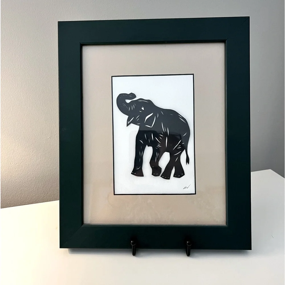 Black frames Chinese paper cut elephant 12 x 10